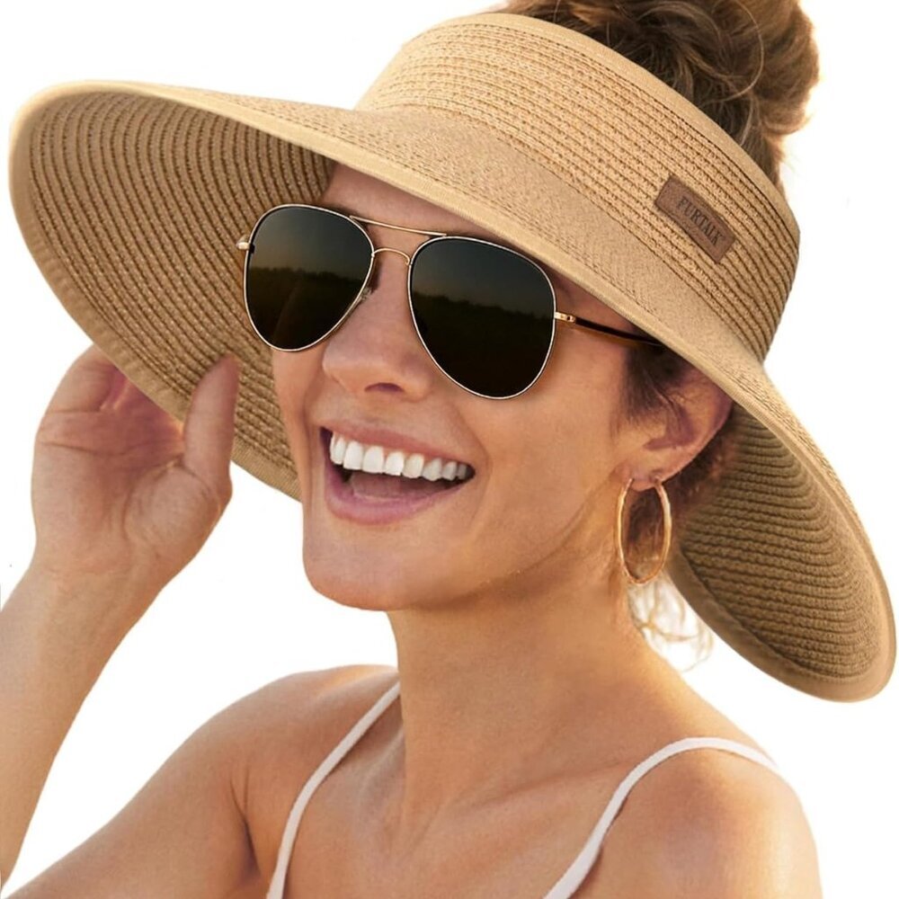 Sun Hats for Women Wide Brim Beach Hat Straw Visor Ponytail Summer UV Packable F